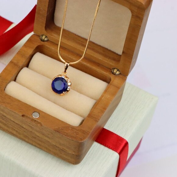 "Royal Blue Round Pendant with Sparkling Accents in Gold Finish, XPPT1647 - Picture 7 of 13
